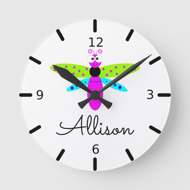 Personalised Cartoon Dragonfly Round Clock (Front)