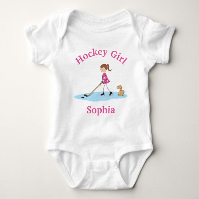 Personalised Cartoon Hockey Girl Pink Baby Bodysuit (Front)