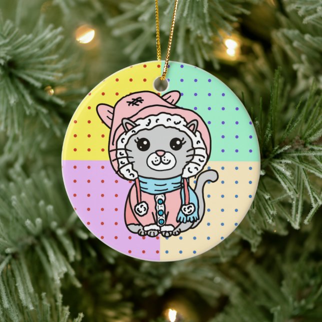 Personalised Cartoon Kitty Cat in Winter Hat   Ceramic Ornament (Tree)