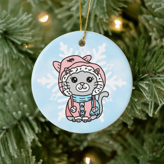 Personalised Cartoon Kitty Cat in Winter Hat   Ceramic Ornament (Tree)