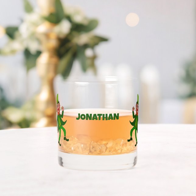 Personalised Cartoon Leprechaun St. Patrick's Day Whiskey Glass (Insitu (Wedding))