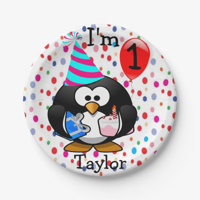 Personalised Cartoon Penguin 1st Birthday Party Paper Plate (Front)