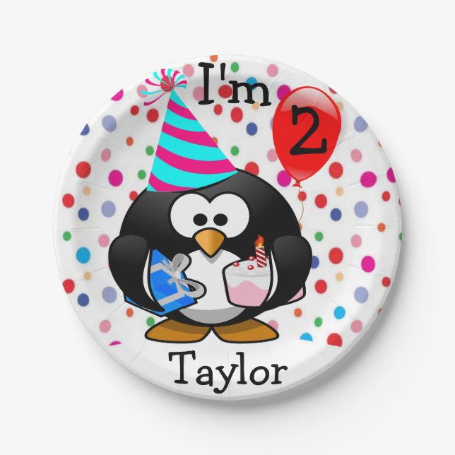 Personalised Cartoon Penguin 2nd Birthday Party Paper Plate (Front)