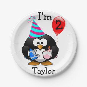 Personalised Cartoon Penguin 2nd Birthday Party Paper Plate