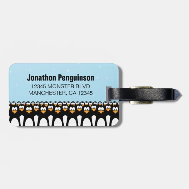 Personalised Cartoon Penguin Army Luggage Tag (Back Horizontal)