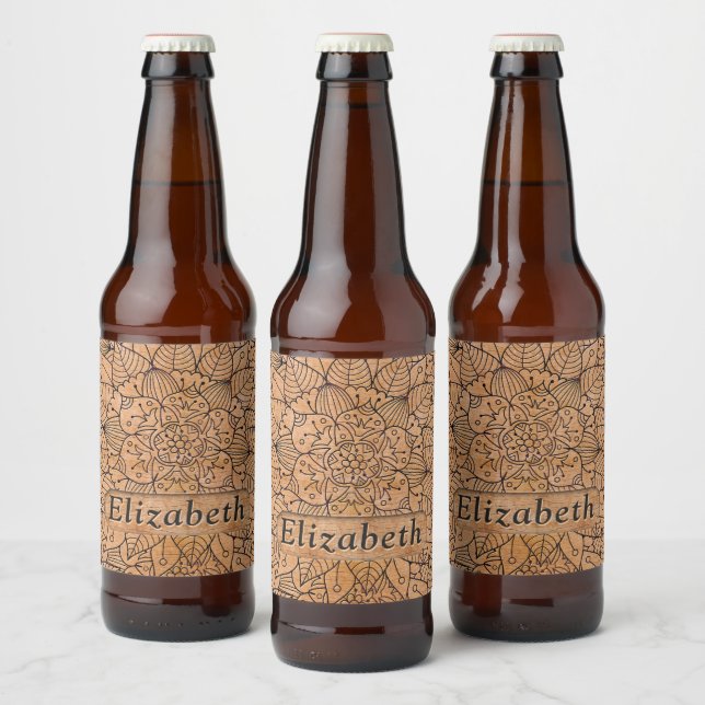 Personalised Carved Wood Floral Mandala Beer Bottle Label (Bottles)