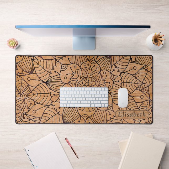 Personalised Carved Wood Floral Mandala Desk Mat (Office 1)