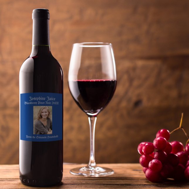 Personalised Casual Royal Blue Photo Wine Label (Creator Uploaded)