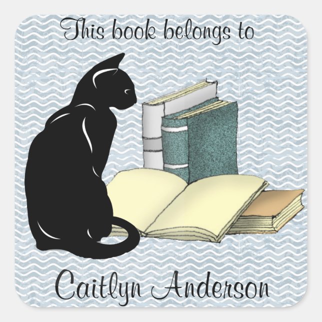 Personalised Cat and Books Bookplate Sticker (Front)