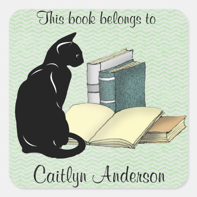 Personalised Cat and Books Bookplate Sticker (Front)
