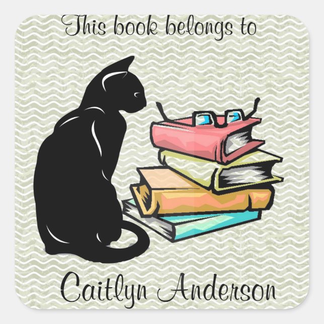 Personalised Cat and Books  Bookplate Sticker (Front)