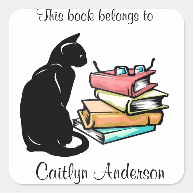 Personalised Cat and Books  Bookplate Sticker (Front)