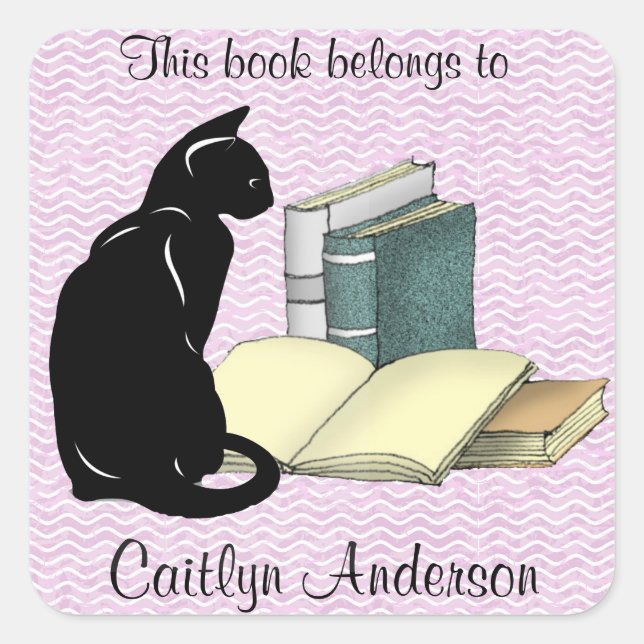 Personalised Cat and Books Bookplate Sticker (Front)