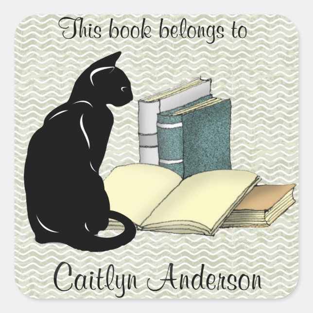 Personalised Cat and Books Bookplate Sticker (Front)