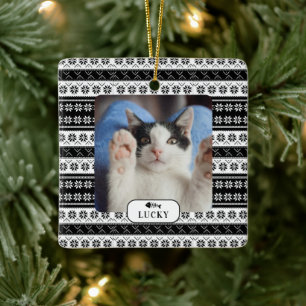 Personalised Cat Black Knit Pattern Pet Photo Ceramic Ornament