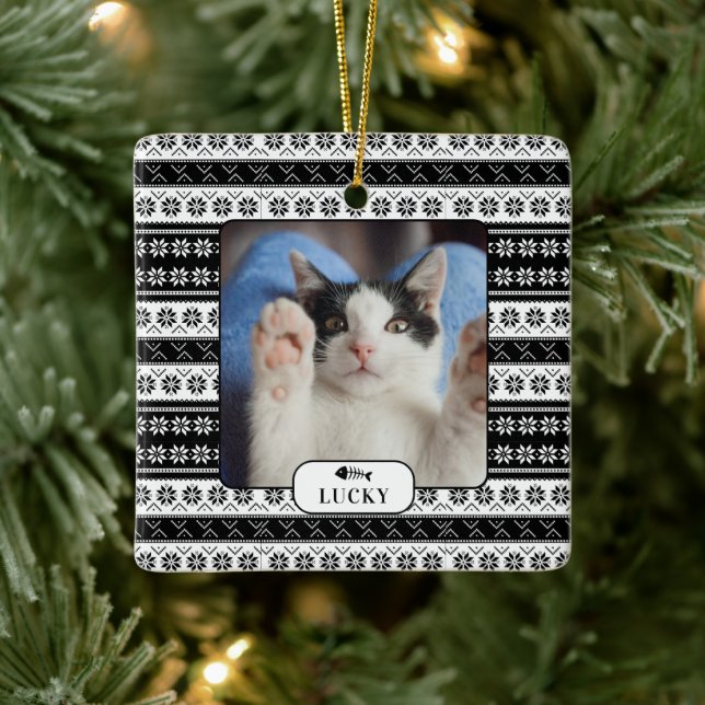 Personalised Cat Black Knit Pattern Pet Photo Ceramic Ornament (Tree)
