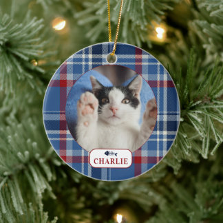 Personalised Cat Blue Plaid Pet Photo  Ceramic Ornament