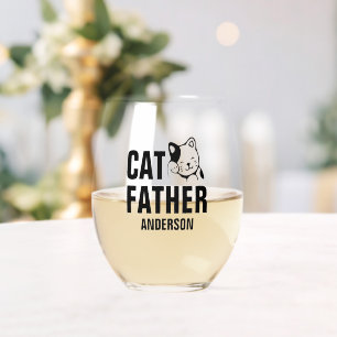 Personalised Cat Father Name Stemless Wine Glass