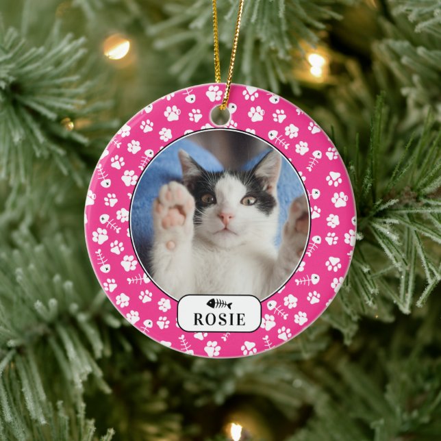 Personalised Cat Fish Bone & Pawprint Pet Photo Ce Ceramic Ornament (Tree)