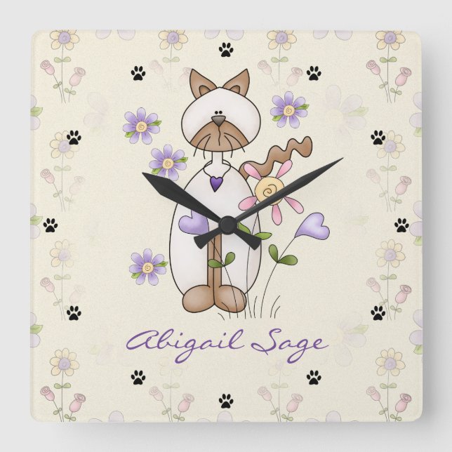 Personalised Cat, Flowers and Paw Print Wall Clock (Front)