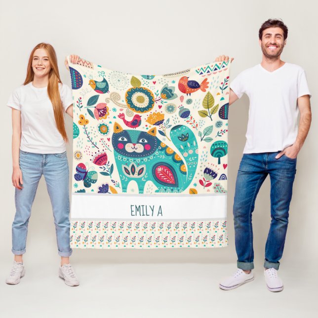 Personalised CAT Folk Art Decorative Birds Flowers Fleece Blanket (In Situ)