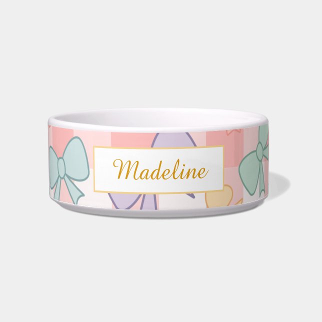 Personalised Cat Gingham Pastel Bows Bowl Ceramic (Front)