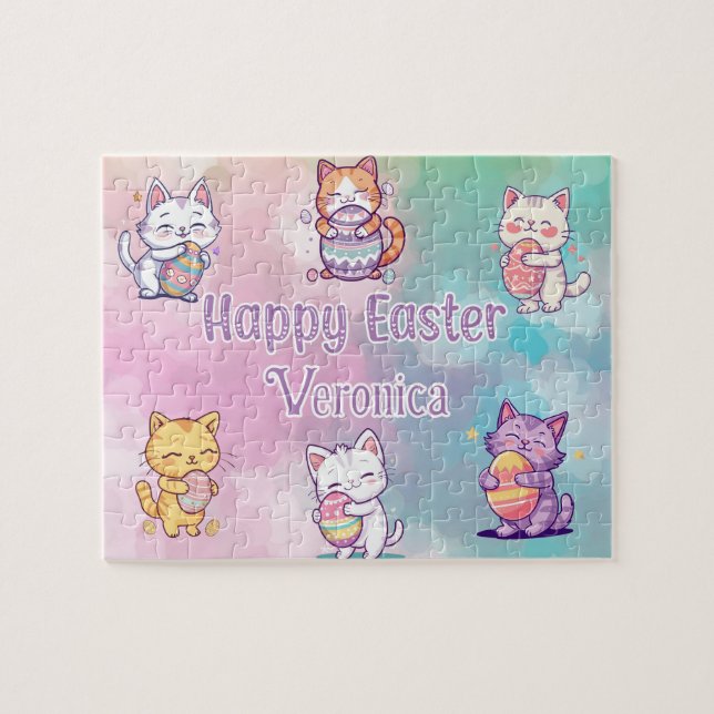Personalised Cat Happy Easter Jigsaw Puzzle (Horizontal)