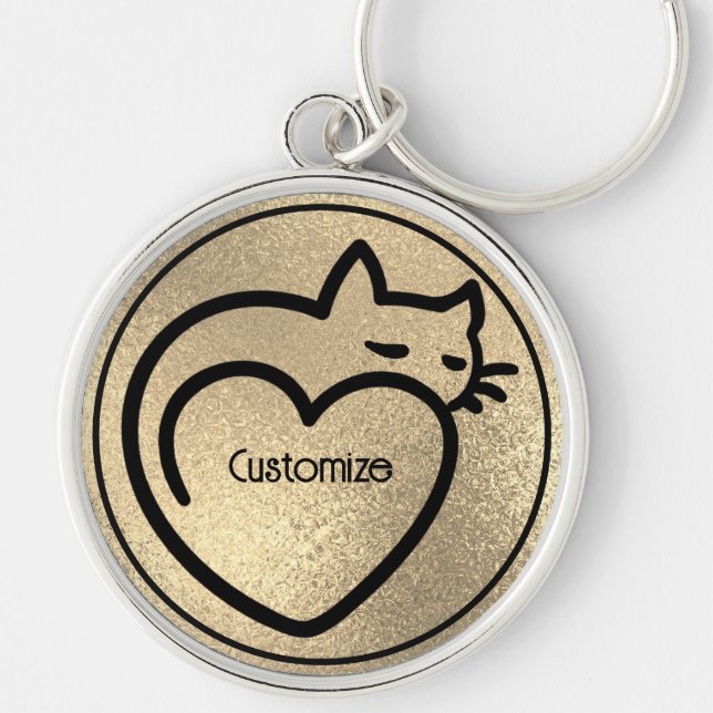 Personalised Cat Love Gold Black Logo Key Ring (Front)
