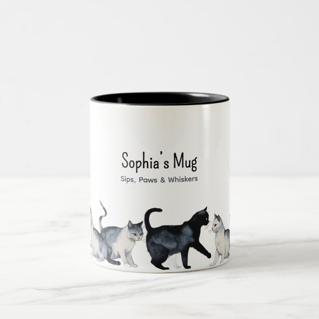 Personalised Cat Lover – Cute Black & Grey Cat Two-Tone Coffee Mug (Center)