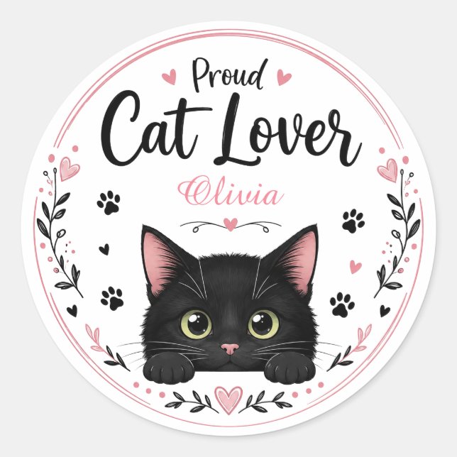 Personalised Cat Lover Name Sticker Cute Black Cat (Front)