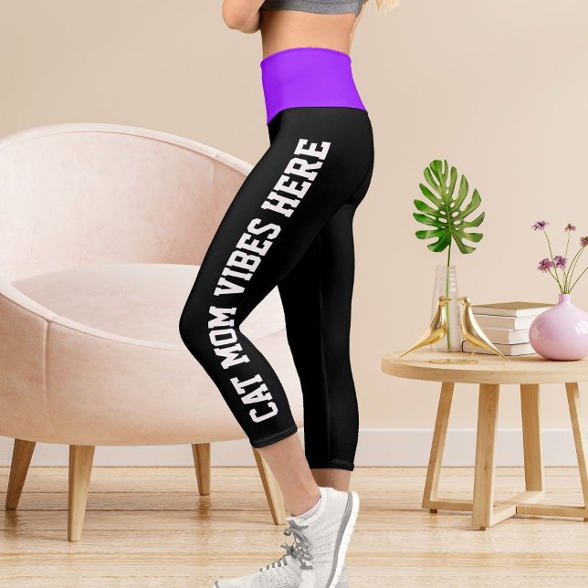 Personalised Cat Mum Vibes On Purple Black Stripes Capri Leggings (Creator Uploaded)