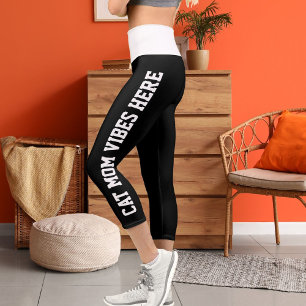 Personalised Cat Mum Vibes On White Black Stripes Capri Leggings