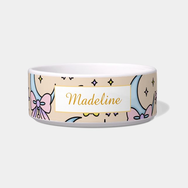 Personalised Cat Name Moon Peach Bows Bowl Ceramic (Front)