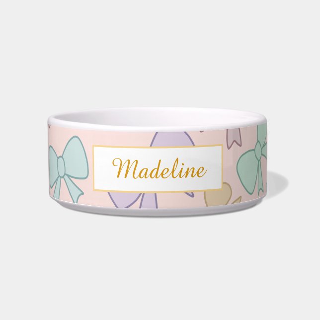 Personalised Cat Name Pastel Bows Bowl Ceramic (Front)