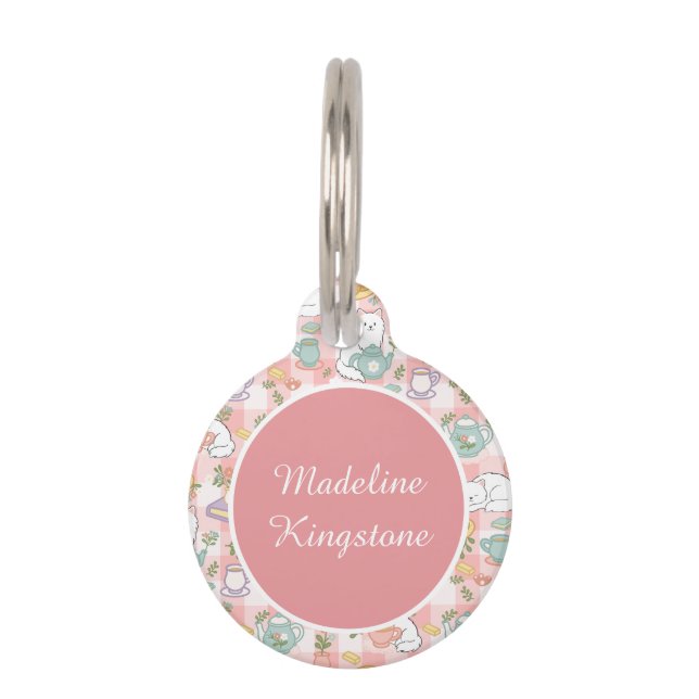 Personalised Cat Name Tag Pink Tea Service (Front)