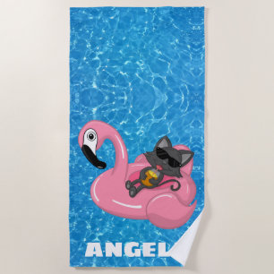 Personalised Cat on Flamingo Pool Name Beach Towel