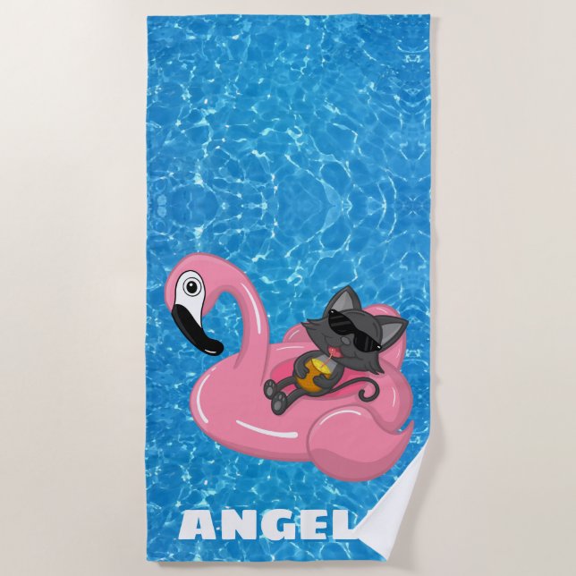 Personalised Cat on Flamingo Pool Name Beach Towel (Front)