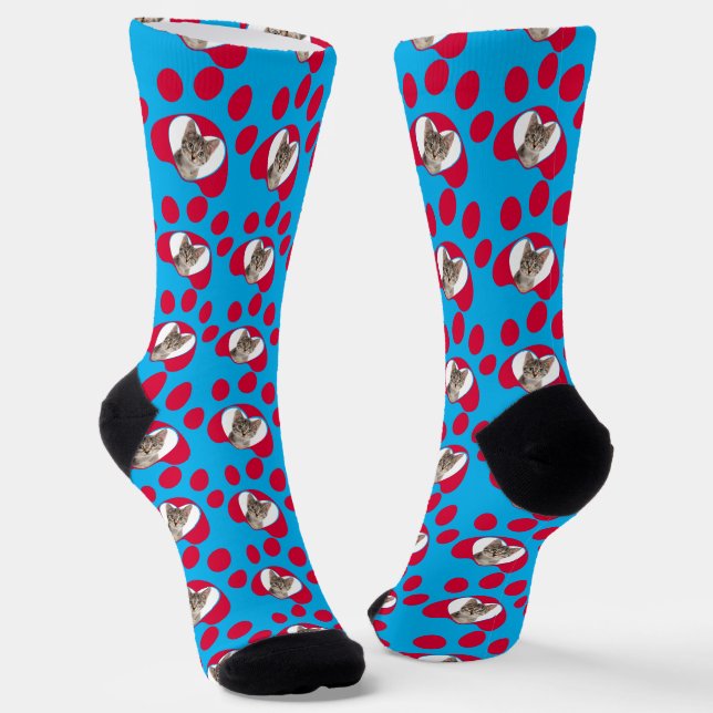 Personalised Cat or Dog Paw Photo Pattern Blue Socks (Angled)
