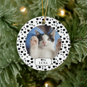 Personalised Cat & Pawprint Pet Photo  Ceramic Ornament