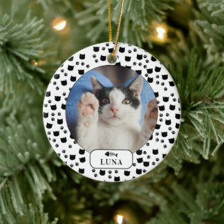 Personalised Cat & Pawprint Pet Photo  Ceramic Ornament