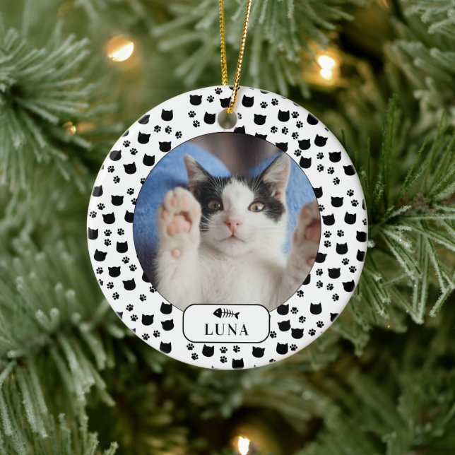 Personalised Cat & Pawprint Pet Photo  Ceramic Ornament (Tree)