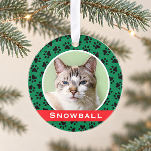 Personalised Cat Pet Photo Green Paw Prints Ornament