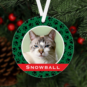 Personalised Cat Pet Photo   Green Paw Prints Ornament