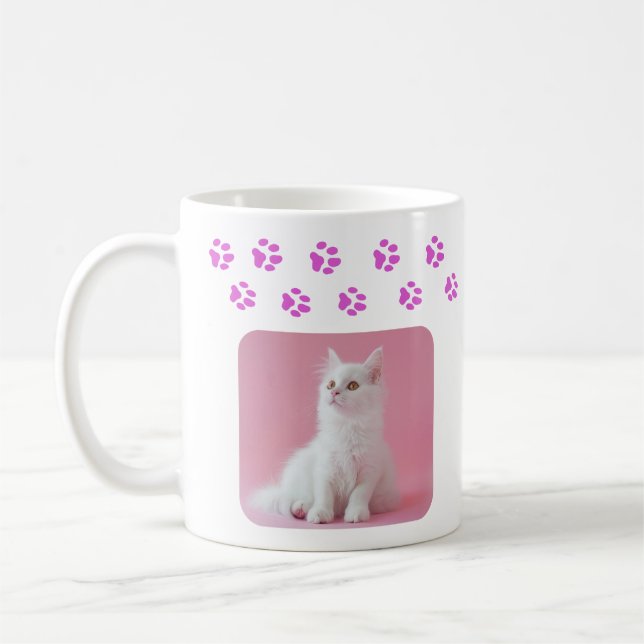 Personalised Cat Photo And Name Pink Paw Prints Coffee Mug (Left)