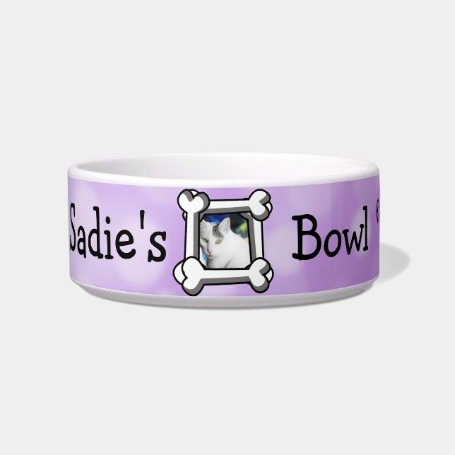 Personalised Cat Photo and Name Purple Paw prints Bowl (Front)