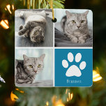 Personalised Cat Photo Collage Cute Blue Christmas Ceramic Ornament<br><div class="desc">This beautiful cat photo Christmas ornament is personalised with adorable pictures of your sweet girl kitty. Customise this chic gift with your own custom feline photographs around a cool blue square with a cute white paw print and your kitten's name in the centre. Add your favourite full photograph on the...</div>