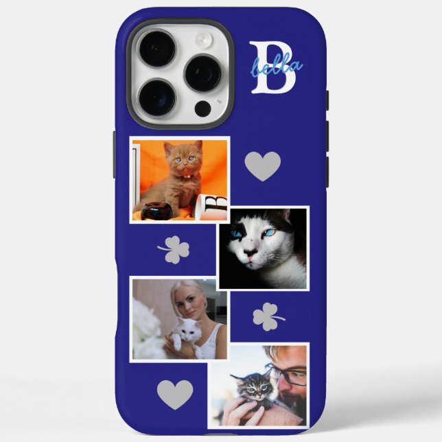 Personalised cat photo collage monogram blue Case-Mate iPhone case (Back)