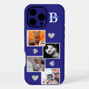 Personalised cat photo collage monogram blue iPhone 16 pro max case