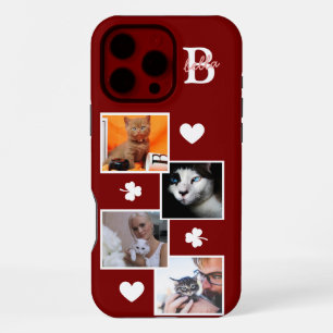 Personalised cat photo collage monogram maroon iPhone 16 pro max case
