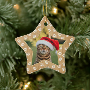 Personalised Cat Photo Star Pawprints Faux Wood Ceramic Ornament